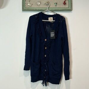 NWT CHASER Navy Blue Fringe Crochet Cable Knit Boho button front Sweater Medium